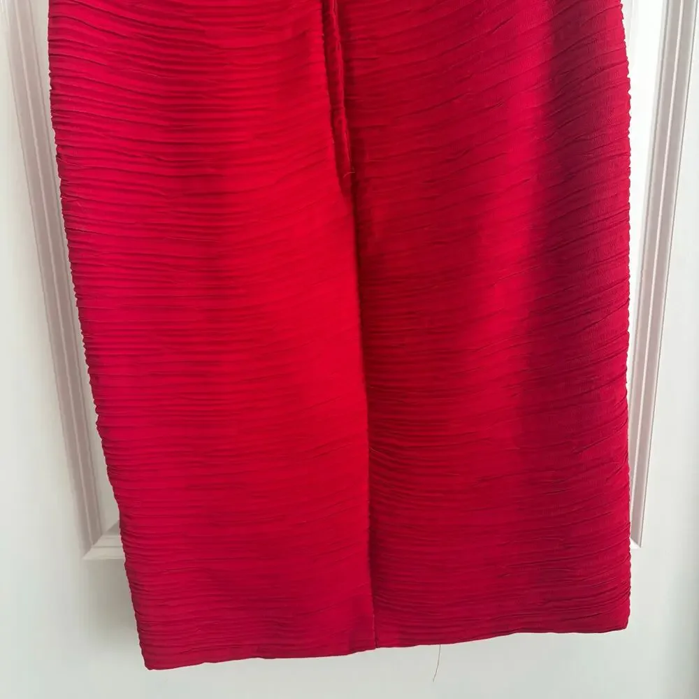 Vintage Bari Jay 80s 90s Red Crinkle Pleated Off Shoulder Prom Midi Dress 5/6